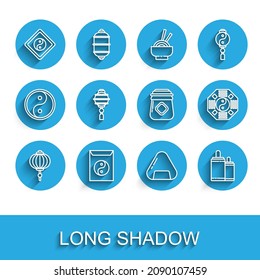 Set line Chinese paper lantern, Yin Yang and envelope, Sushi, Firework,  and Jar of honey icon. Vector