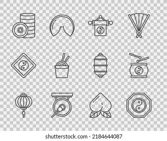 Set line Chinese paper lantern, Yin Yang, Gong, Yuan currency, Asian noodles box and chopsticks, Peach fruit and drum icon. Vector