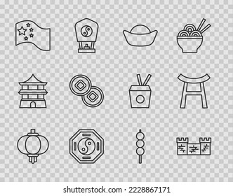 Set line Chinese paper lantern, Great wall of China, Sushi, Yin Yang, flag, Yuan currency, Meatballs on wooden stick and Japan Gate icon. Vector