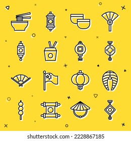 Ponga en línea linterna de papel chino, filete de pescado, ceremonia, caja de fideos y palillos, tazón de fideos asiáticos e ícono. Vector