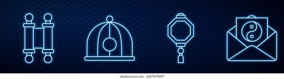 Set line Chinese paper lantern, Decree, paper, parchment, scroll, Chinese hat, Yin Yang and envelope and Firework. Glowing neon icon on brick wall. Vector