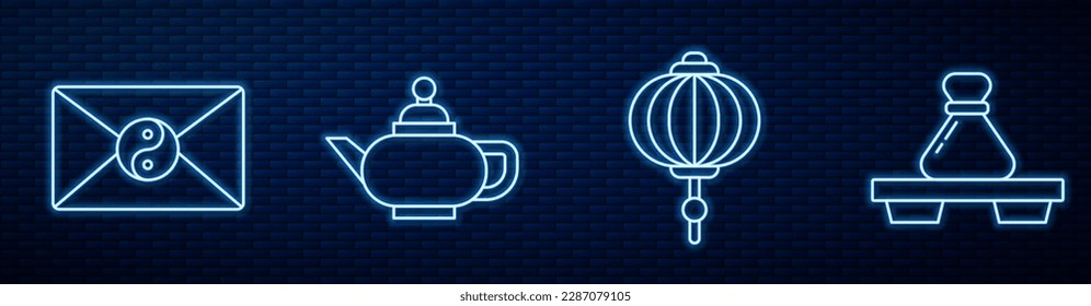 Ponga en línea el farol chino de papel, Yin Yang y sobre, la ceremonia china del té, el Dumpling en la tabla de corte y la flor Lotus. Icono de neón brillante en la pared de ladrillo. Vector