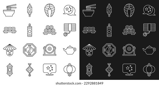 Set line Chinese paper lantern, tea ceremony, Firework, Fish steak, Sushi cutting board, Asian noodles bowl and  icon. Vector