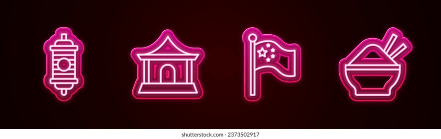 Set line Chinese paper lantern, house, China flag on flagpole and Rice bowl with chopstick. Glowing neon icon. Vector