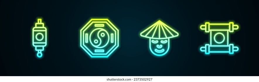 Set line Chinese paper lantern, Yin Yang, man and Decree, paper, parchment, scroll. Glowing neon icon. Vector