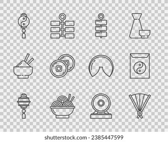 Set line Chinese paper lantern, Paper chinese folding fan, Firework, Asian noodles bowl, Yin Yang, Yuan currency, Gong and and envelope icon. Vector