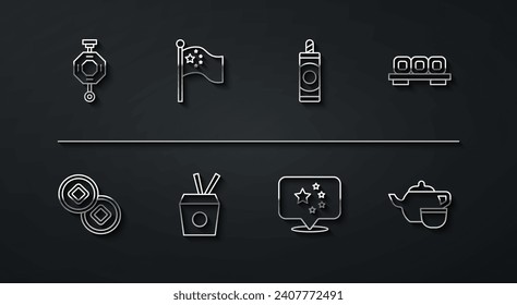 Set line Chinese paper lantern, Yuan currency, Sushi on cutting board, China flag, Noodles box and chopsticks, flagpole, tea ceremony and Firework icon. Vector