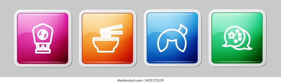 Set line Chinese paper lantern, Asian noodles bowl, fortune cookie and China flag. Colorful square button. Vector