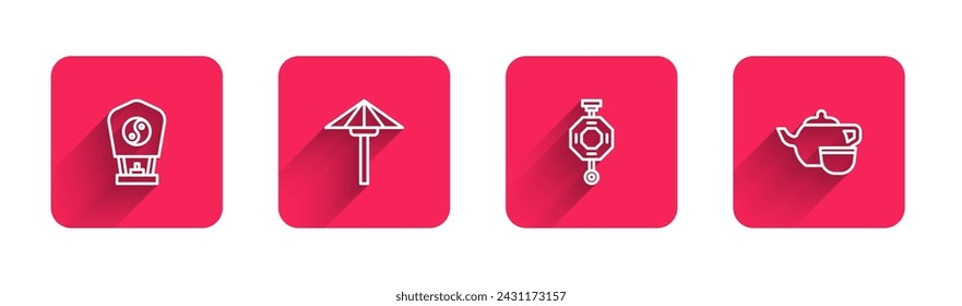 Set line Chinese paper lantern, Japanese umbrella from the sun,  and tea ceremony with long shadow. Red square button. Vector