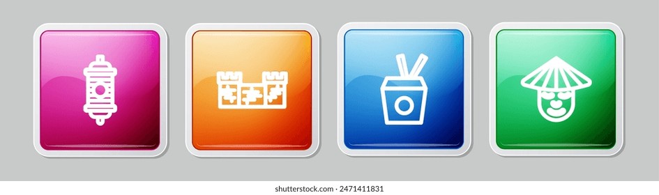 Set line Chinese paper lantern, Great wall of China, Noodles box and chopsticks and man. Colorful square button. Vector