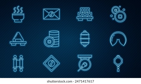 Set line Chinese paper lantern, fortune cookie, Sushi on cutting board, Yuan currency, tea ceremony,  and Yin Yang and envelope icon. Vector