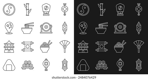 Set line Chinese paper lantern, or japanese folding fan, Asian noodles bowl, China flag, Yin Yang and Gong icon. Vector