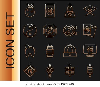 Set line Chinese paper lantern, New Year, Asian woman, Yin Yang symbol, Peach fruit or nectarine and  icon. Vector