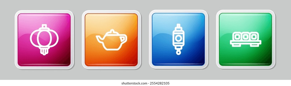 Set line Chinese paper lantern, tea ceremony,  and Sushi cutting board. Colorful square button. Vector