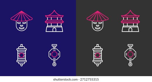Set line Chinese paper lantern, house and man icon. Vector