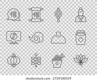 Set Linie Chinesische Papierlaterne, Lotusblume, Feuerwerk, Neujahr, Zaubernebel Rauch, asiatische Nudelschüssel und Glas Honig Ikone. Vektorgrafik