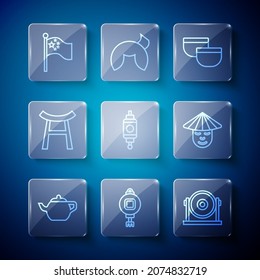 Set line Chinese tea ceremony, paper lantern, Gong, Japan Gate, China flag flagpole and man icon. Vector
