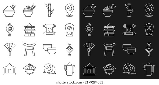 Set line Chinese tea ceremony, paper lantern, Bamboo, house, Rice bowl with chopstick and Decree, paper, parchment, scroll icon. Vector