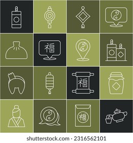 Set line Chinese tea ceremony, Jar of honey, Firework, paper lantern, New Year, Dumpling,  and Yin Yang symbol icon. Vector