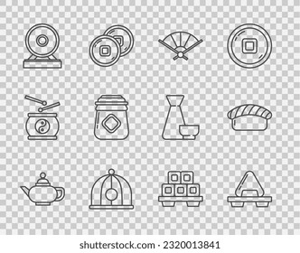 Set line Chinese tea ceremony, Sushi cutting board, Paper chinese folding fan, hat, Gong, Jar of honey,  and  icon. Vector