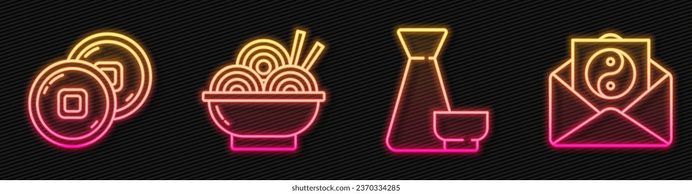 Set line Chinese tea ceremony, Chinese Yuan currency, Asian noodles in bowl and Yin Yang and envelope. Glowing neon icon. Vector