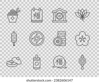 Set line Chinese tea ceremony, paper lantern, Gong musical instrument, Firework, Asian noodles bowl, Yuan currency, New Year and Lotus flower icon. Vector