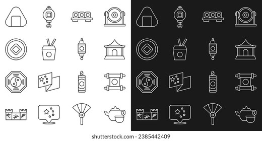 Set line Chinese tea ceremony, Decree, paper, parchment, scroll, house, Sushi cutting board, Noodles box and chopsticks, Yuan currency,  and lantern icon. Vector