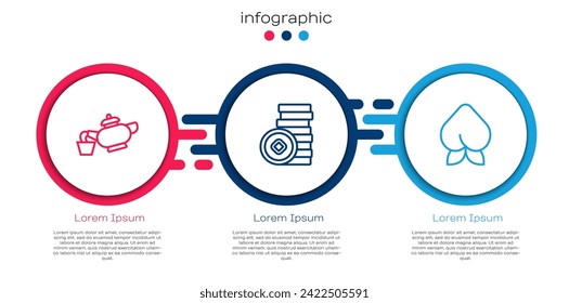 Fijar la línea de la ceremonia china del té, la moneda yuan y la fruta o nectarina de Peach. Plantilla de infografía empresarial. Vector