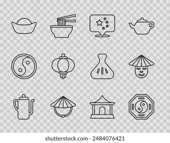 Set line Chinese tea ceremony, Yin Yang, China flag, conical straw hat, Sushi, paper lantern, house and man icon. Vector