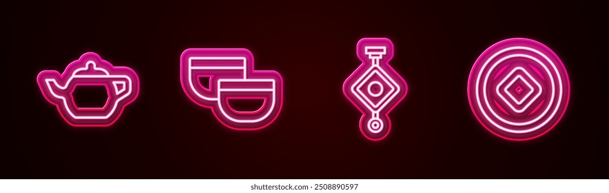 Set line Chinese tea ceremony, , paper lantern and Yuan currency. Glowing neon icon. Vector
