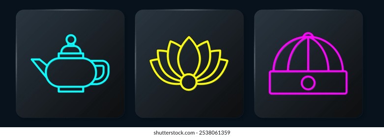 Set line Chinese tea ceremony, Chinese hat and Lotus flower. Black square button. Vector