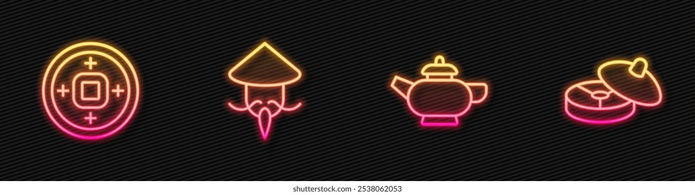 Set line Chinese tea ceremony, Yuan currency, Asian or conical straw hat and . Glowing neon icon. Vector