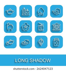 Set line Chinese tea ceremony, paper lantern, Jar of honey, Lotus flower, Gong musical instrument and drum icon. Vector