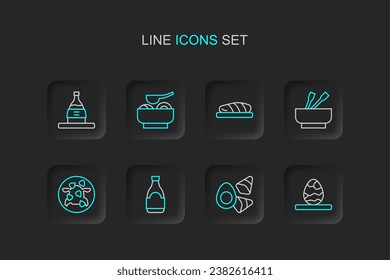 Set line Chinese tea egg, Chicken with vegerables, Soy sauce bottle, Kung Pao chicken, Asian noodles bowl, Fish steak, Ramen soup and Bottle of sake icon. Vector
