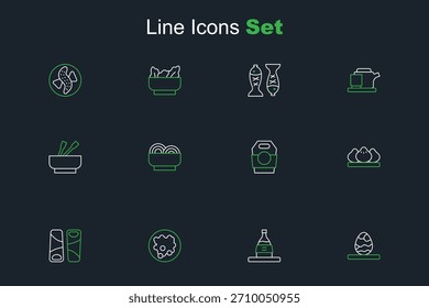 Set line huevo de té chino, botella de sake, tazón de arroz, guotie, Dumpling, fideos asiáticos caja de papel, y el icono. Vector