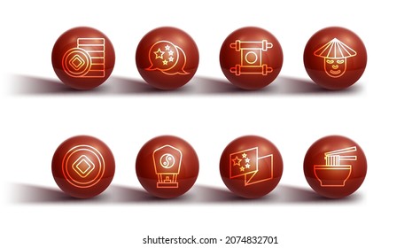Set line Chinese Yuan currency, man, China flag, paper lantern, Asian noodles bowl and Decree, paper, parchment, scroll icon. Vector