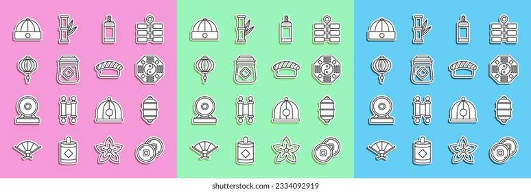 Set line Chinese Yuan currency, paper lantern, Yin Yang, Firework, Jar of honey, hat and Sushi icon. Vector