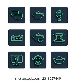 Set line Chinese Yuan currency, man, Sushi, paper lantern, tea ceremony, Great wall of China,  and Decree, paper, parchment, scroll icon. Vector
