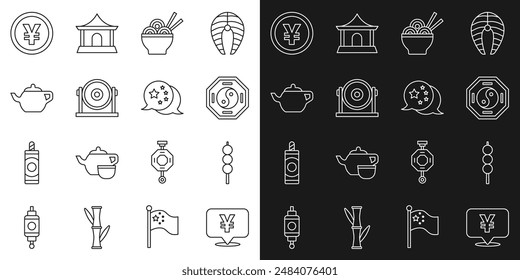 Set line Chinese Yuan currency, Meatballs on wooden stick, Yin Yang, Asian noodles bowl, Gong, tea ceremony,  and China flag icon. Vector