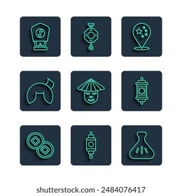 Set line Chinese Yuan currency, paper lantern, Dumpling, China flag, man, fortune cookie,  and  icon. Vector