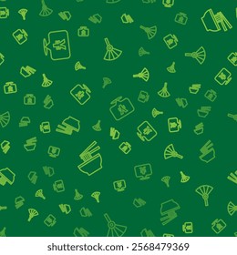 Set line Chinese Yuan currency, Asian noodles bowl and or japanese folding fan on seamless pattern. Vector