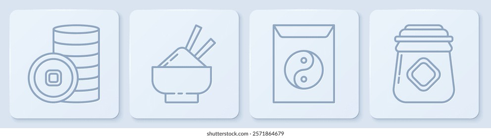 Set line Chinese Yuan currency, Yin Yang and envelope, Rice in a bowl with chopstick and Jar of honey. White square button. Vector