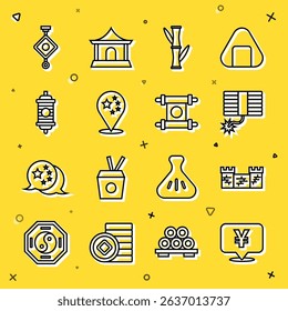 Set line Chinese Yuan currency, Great wall of China, Firework, Bamboo, flag, paper lantern,  and Decree, paper, parchment, scroll icon. Vector