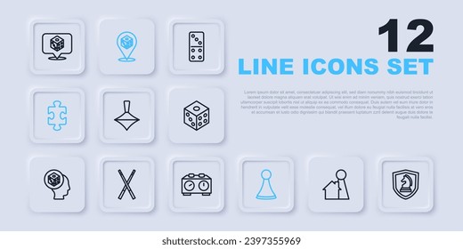 Set line Chip for board game, Chess, Whirligig toy, Puzzle pieces, Crossed billiard cues, Game dice and Time chess clock icon. Vector