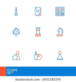 Set line Chip for board game, Bowling pin and ball, Chess, Game dice, Bingo card and Playing cards icon. Vector