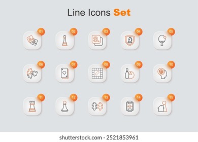 Set line Chip for board game, Table football, Puzzle pieces toy, Chess pawn, Game dice, Bowling pin and and Board icon. Vector