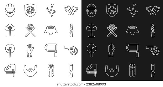 Set line Chisel tool, Electric circular saw, Rasp metal file, Metallic nails, Wooden logs on stand, Tree, Lumberjack and stump icon. Vector