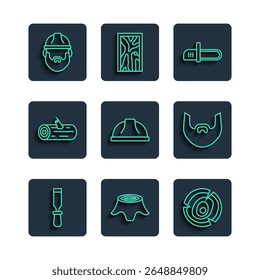 Set line Chisel tool, Tree stump, Wooden logs, Chainsaw, Worker safety helmet, Lumberjack and Mustache and beard icon. Vector