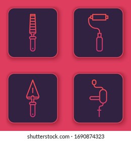 Set line Chisel tool for wood, Trowel, Paint roller brush and Hand drill. Blue square button. Vector