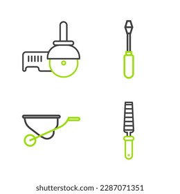 Ajuste la línea de la herramienta Chisel para la madera, la flecha de ruedas, el destornillador y el icono del molino de ángulo. Vector